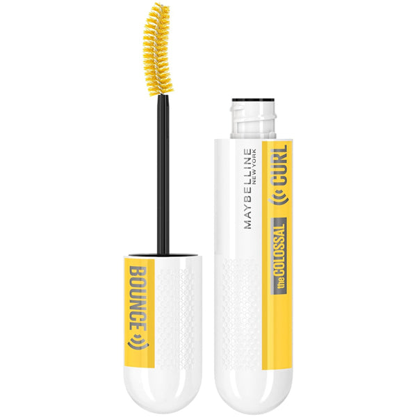 A 3 pack of Maybelline Volum Express Colossal Curl Bounce Mascara in Blackest Black, featuring a white and yellow tube with a curved brush for bouncy curls.