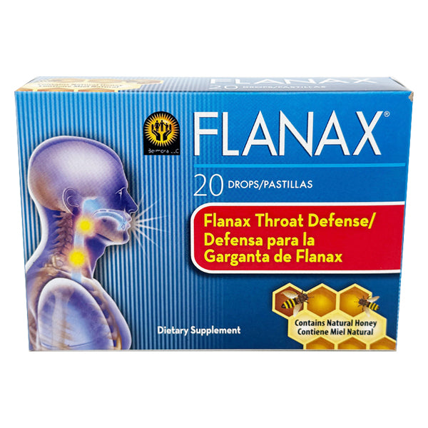 A 3 Pack of Flanax Cough Relief Throat Lozenges, Honey flavor, 20 Count each. Packaging highlights menthol and honey as key ingredients and features a diagram of a person’s throat along with product information.