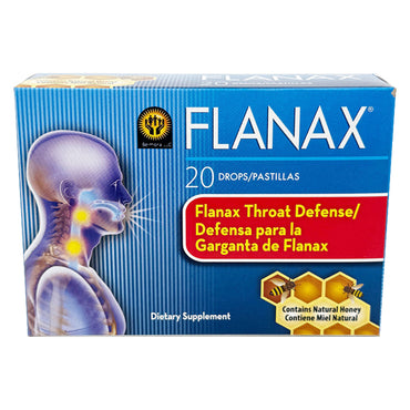 A 3 Pack of Flanax Cough Relief Throat Lozenges, Honey flavor, 20 Count each. Packaging highlights menthol and honey as key ingredients and features a diagram of a person’s throat along with product information.