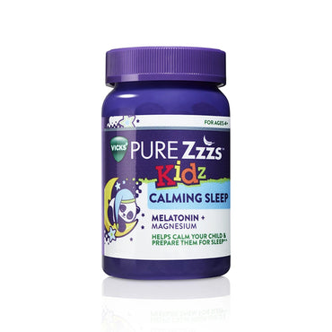 Vicks PURE Zzz’s Kidz Calming Sleep Gummies, 2 Pack (42 ct each), are drug-free melatonin and magnesium supplements for kids ages 4+ that support gentle sleep.