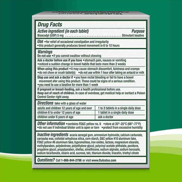 Drug facts label for 3 Pack - Dulcolax Stimulant Laxative Tablets Overnight Relief 6ct Each, featuring active ingredient, usage, warnings, directions & contact info on a green gradient, emphasizing overnight and effective constipation relief.