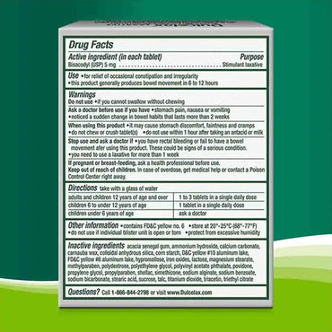 Drug facts label for 3 Pack - Dulcolax Stimulant Laxative Tablets Overnight Relief 6ct Each, featuring active ingredient, usage, warnings, directions & contact info on a green gradient, emphasizing overnight and effective constipation relief.