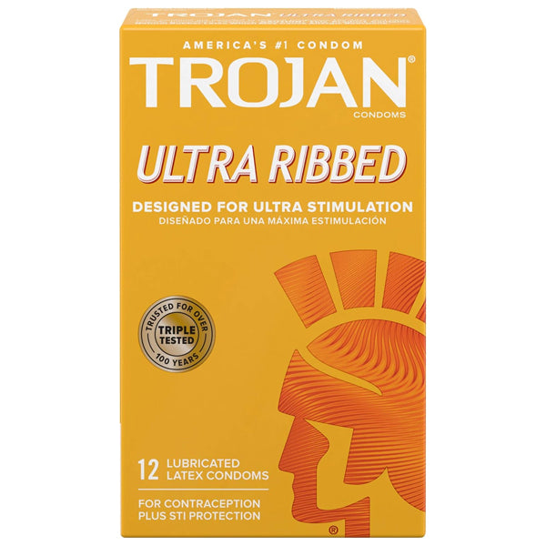 A 3 pack of Trojan Ultra Ribbed Premium Lubricated Condoms (12 count each), designed for ultra stimulation with deep ribbing, silky smooth lubricant, and triple-tested quality for contraception and STI protection.
