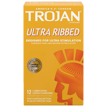 A 3 pack of Trojan Ultra Ribbed Premium Lubricated Condoms (12 count each), designed for ultra stimulation with deep ribbing, silky smooth lubricant, and triple-tested quality for contraception and STI protection.