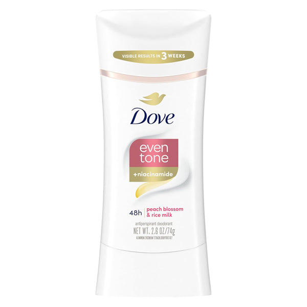 The Dove 3 Pack Even Tone Deodorant Peach Blossom & Rice Milk 2.6oz features a tone restoring formula with niacinamide, offers 48-hour protection, and promises visible results in 3 weeks.