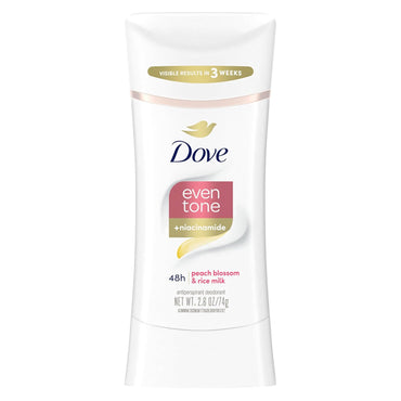 The Dove 3 Pack Even Tone Deodorant Peach Blossom & Rice Milk 2.6oz features a tone restoring formula with niacinamide, offers 48-hour protection, and promises visible results in 3 weeks.