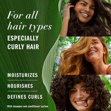 Three women with curly hair smile in front of a leafy green background, highlighting Herbal Essences Apricot Oil Curl Defining Shampoo—sulfate free and nourishing for all hair types, with extra moisture and curl definition. Sold as 3 Pack (13.5oz each).