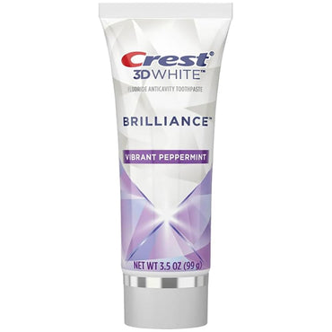 A 6 Pack of Crest 3D White Brilliance Toothpaste, Vibrant Peppermint, 3.5oz each. Enamel-safe whitening formula removes surface stains for a radiant smile and fresh breath. Features Crest’s signature white and purple design.