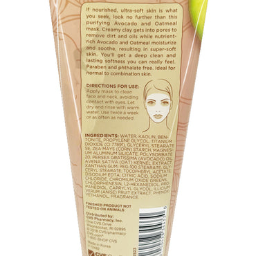 Back of the CVS 3 Pack Avocado & Oatmeal Purifying Clay Facial Mask for normal skin (6 oz) shows description, usage directions, full ingredients list, and line art of a womans face, promising ultra-soft skin.