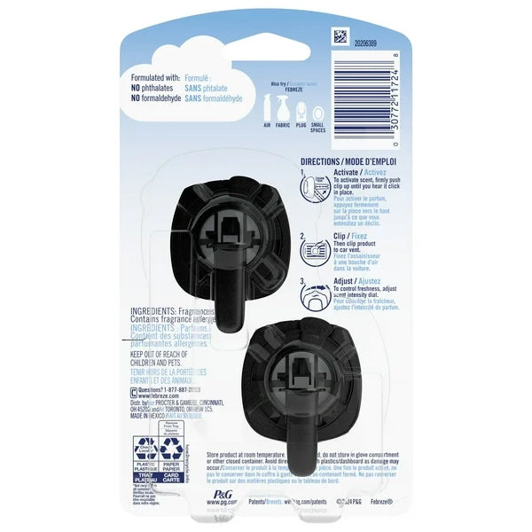 Back of Febreze packaging showing two black CAR Vent Clip refill caps, instructions, odor blockers ingredients, barcode for 3 Pack - Febreze Auto Car Air Freshener Air Vent Clip Sandalwood Scent 2 Pack.