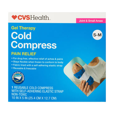 The CVS 3 Pack Gel Therapy Cold Compress Pack, S-M, features reusable blue and white packs with elastic straps—ideal for cold therapy on joints and small areas to help relieve swelling.