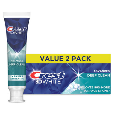 Crest 3D White Advanced Deep Clean Whitening Toothpaste, 3 pack, removes up to 90% of surface stains for a noticeably brighter smile and delivers whitening 2x faster.* (3.3 oz twin packs).