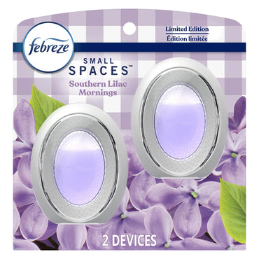 Febreze Small Spaces Air Freshener, Limited Edition Southern Lilac Mornings, comes in a 3 pack (2ct each), featuring a lilac design to keep your spaces fresh and inviting.