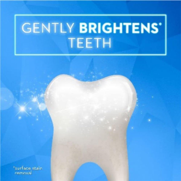A sparkling white tooth appears on a blue background with “Gently Brightens Teeth” above it. Small print reads, “Surface stain removal with 3 Pack - Crest 3D White Whitening Charcoal Deep Clean Invigorating Mint 3.5oz by Crest.”.