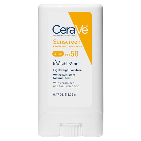 The 3 Pack - CeraVe Mineral Sunscreen Stick SPF 50 Broad Spectrum (0.47oz each) offers lightweight, oil-free, water-resistant (40 min) UV protection and is enriched with ceramides and hyaluronic acid. Brand: CeraVe.
