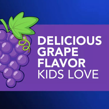 Illustration of a grape cluster and green leaf beside the text Delicious grape flavor kids love, featuring Vicks 3 Pack - NyQuil Kids Cough & Cold + Fever Liquid Grape 8oz on a purple and blue background.