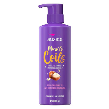 Aussie 3 Pack Miracle Coils Sulfate-Free Shampoo, 16oz each, nourishes coils and curls with macadamia nut oil. Cruelty-free formula in pump bottles—perfect for curly hair care.