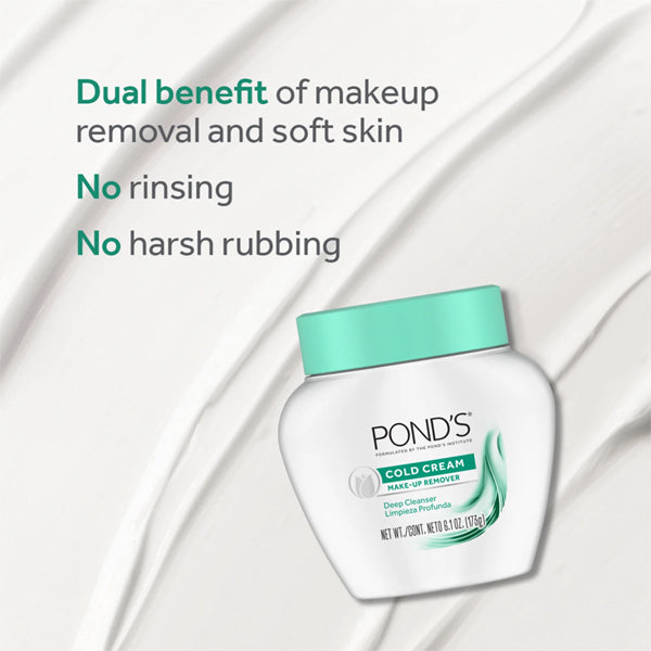 The 3 Pack - Ponds Cold Cream Cleanser & Make-Up Remover 6.1 oz jars by PONDS shown on a white textured background, showcasing dual benefits as a facial moisturizer and makeup remover—no rinsing or harsh rubbing needed.