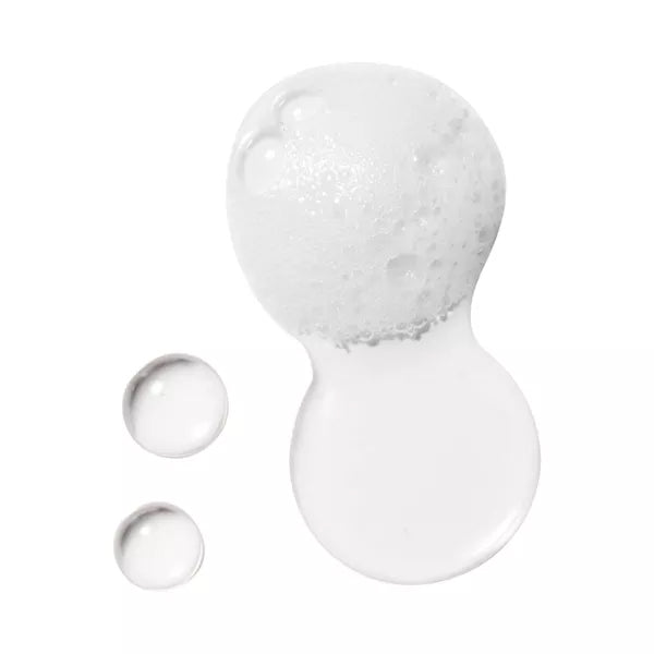 Clear gel-like liquid with bubbles and droplets on white background, reflecting the refreshing texture of CeraVe Hydrating Foaming Oil Cleanser for Dry Skin, enriched with ceramides for nourished, healthy-looking skin. 3 Pack, 8oz each.