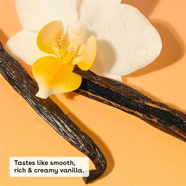 A vanilla bean pod and a white and yellow orchid on a peach surface, with text: 3 Pack - eos 100% Natural & Organic Lip Balm Sticks Vanilla Bean, smooth, rich & creamy vanilla made from USDA Certified Organic ingredients.