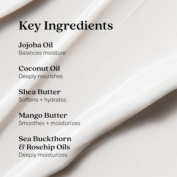 Key ingredients of Loved 01 Face + Body Moisturizer: rosehip, sea buckthorn, jojoba, coconut oils, and shea & mango butters on a creamy background—deep moisture for face and body. Available in a 3 pack (6oz each).