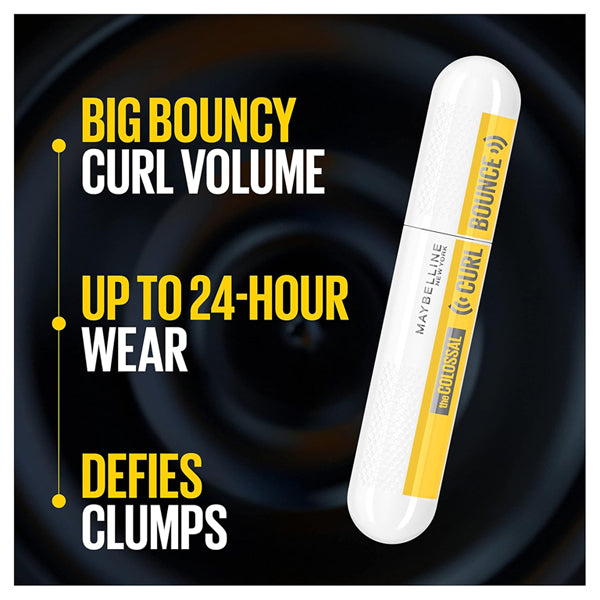 A 3 pack of Maybelline Volum Express Colossal Curl Bounce Mascara in Blackest Black is shown with white and yellow tubes, boasting bouncy curl volume, clump resistance, and up to 24-hour wear.