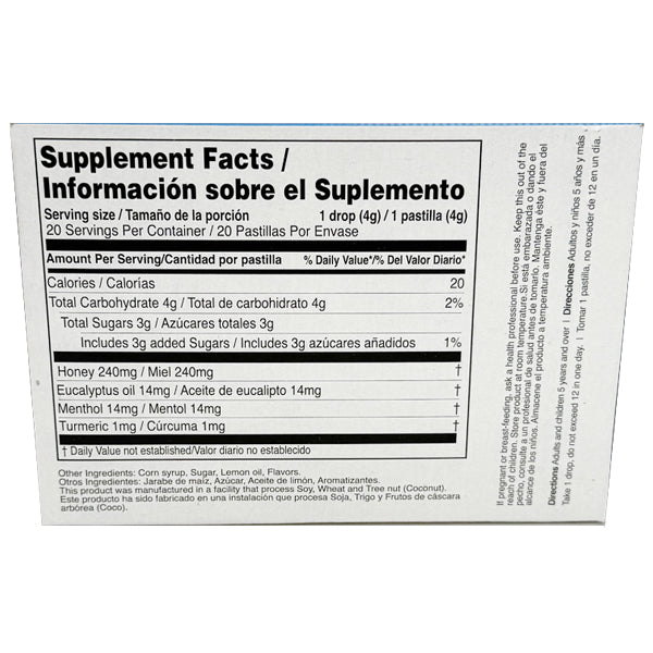 The supplement facts label for 3 Pack - Flanax Cough Relief Throat Lozenges Honey 20 Count shows per-serving ingredients, including menthol and honey, for soothing sore throat relief. Serving size: 1 drop or pastilla. Brand: Flanax.