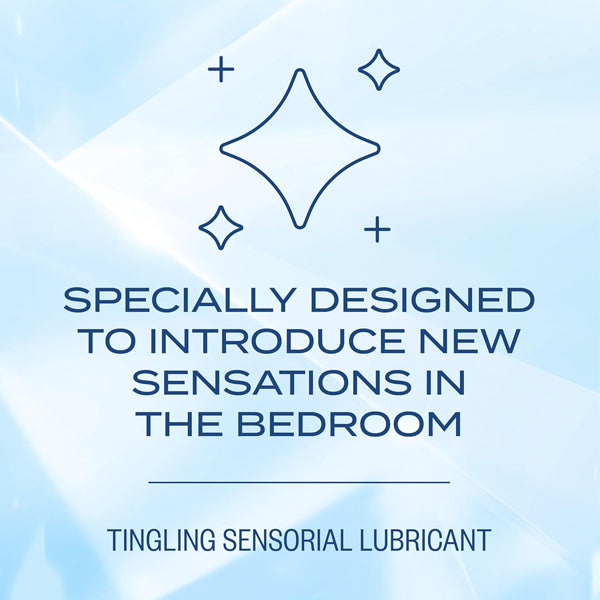 A graphic with abstract star shapes and text: Discover K-Y Tingling Water Based Lube, a sensorial personal lubricant specially designed to introduce new sensations and heighten pleasure. Available in a 3 Pack (1.69oz each).