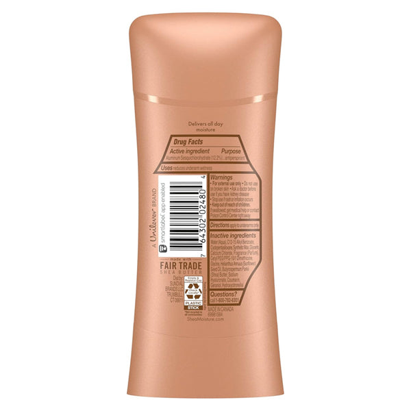 Back view of Shea Moisture 3 Pack 48 Hour Protection Moisturizing Deodorant Stick 2.6oz showing label with drug facts, Raw Shea Butter ingredients, usage instructions, warnings, and barcode.