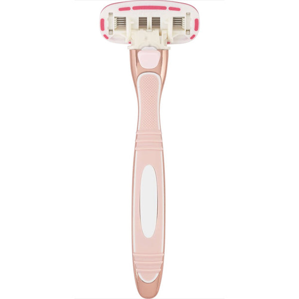 The one+other Blissfully Smooth 5-Blade Razor, featured in this 3 pack, is a pink and white women’s razor with a textured handle and lubricating surround, shown from above against a white background.