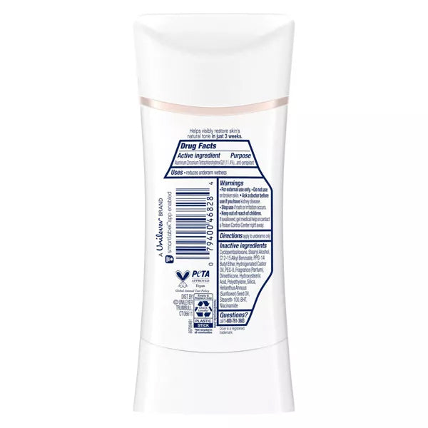 Back of a Dove 3 Pack - Beauty Even Tone 48-Hour Deodorant Apple Blossom & Mango 2.6oz showing drug facts, active/inactive ingredients, underarm skin restoration usage directions, and contact info.