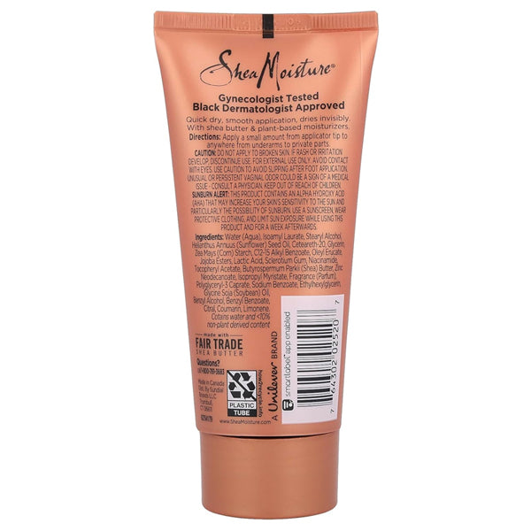 A 3 Pack of Shea Moisture Coconut & Hibiscus Cream Deodorant (2.5oz) is shown from the back, featuring directions, ingredients, certifications, barcode, and branding—ideal for those wanting a plant-based deodorant for melanin-rich skin.