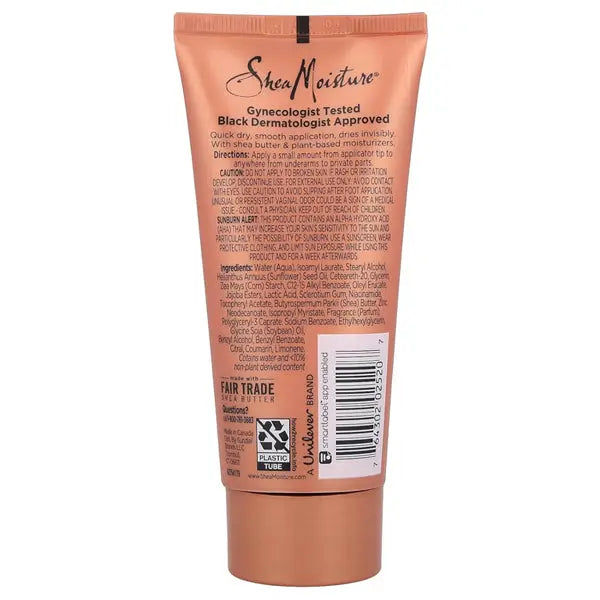 A 3 Pack of Shea Moisture Coconut & Hibiscus Cream Deodorant (2.5oz) is shown from the back, featuring directions, ingredients, certifications, barcode, and branding—ideal for those wanting a plant-based deodorant for melanin-rich skin.