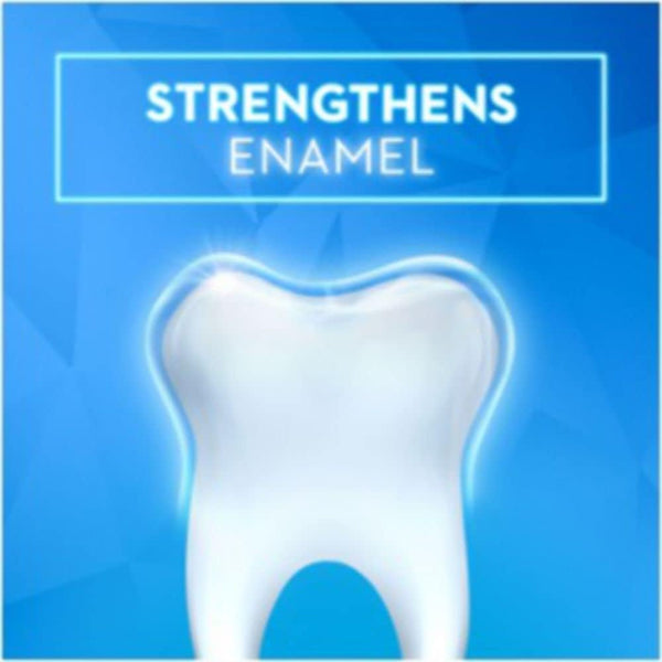 A glowing white tooth on blue highlights Strengthens Enamel, ideal for showcasing Crest 3 Pack - 3D White Whitening Charcoal Deep Clean Invigorating Mint toothpastes powerful fluoride formula.