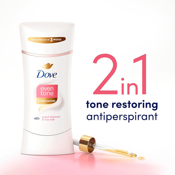Dove 3 Pack Even Tone Deodorant Peach Blossom & Rice Milk 2.6oz features a tone-restoring formula and is shown on a white background next to a dropper and product description text.