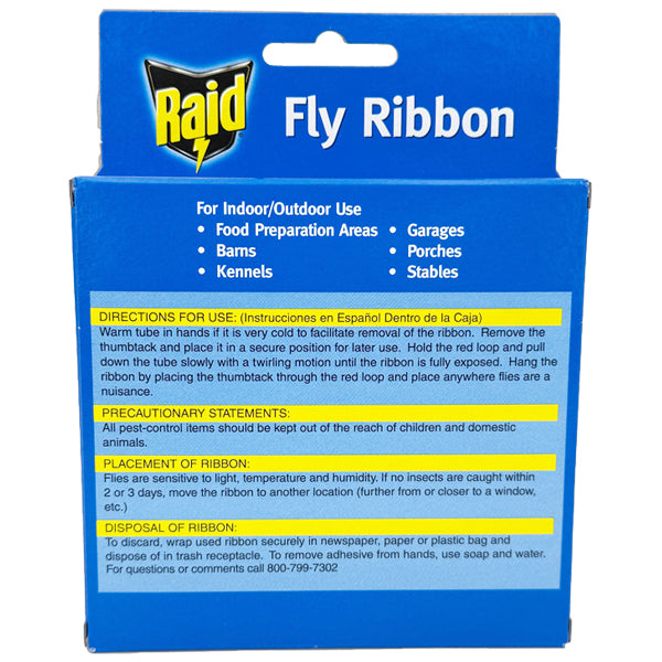 The 3 Pack - Raid Fly Ribbons Traps No Aroma 10 Count Each box has instructions and safety details for use, placement, and disposal of this economical fly control product printed on the back.
