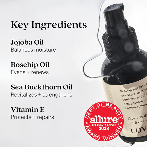 A black pump bottle of Loved 01 Face + Body Oil with Rosehip & Sea Buckthorn (3 Pack, 3.4oz) is shown beside plant-derived oils and their benefits, highlighting deep hydration, plus an Allure Best of Beauty 2023 award badge.