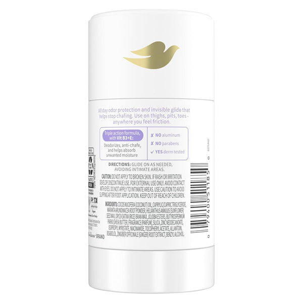 Back view of a 3 Pack - Dove Whole Body Deo Aluminum Free Coconut + Vanilla 2.6oz stick, showing product info, full ingredients list, usage directions, and Dove branding on a white background.