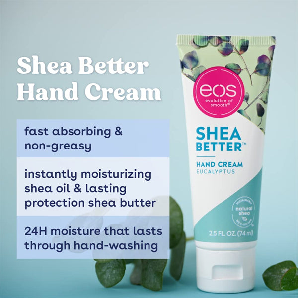 A 2 Pack of eos Eucalyptus Natural Shea Butter Hand Lotion (2.5oz) stands upright by green leaves, with 24-hour hydration benefits highlighted on a blue background.