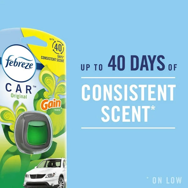 Febreze 3 Pack Auto Car Air Freshener Vent Clip in Sandalwood scent (2 pack) delivers long-lasting freshness for your car, with easy-to-use clips shown packaged next to a white car.