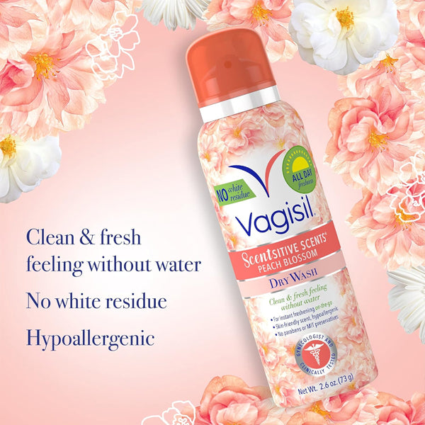 A 3 Pack of Vagisil Scentsitive Scents Feminine Dry Wash Deodorant Spray 2.6oz is displayed on a floral background, with text highlighting its clean feel for intimate skin, hypoallergenic properties, and no white residue.