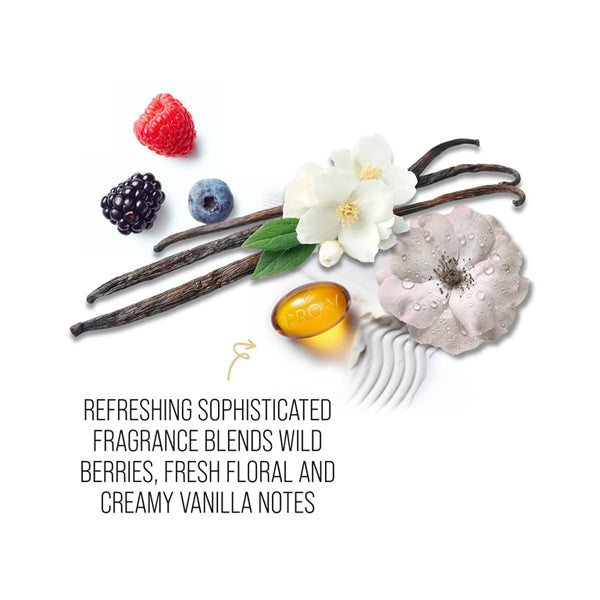 Vanilla beans, wild berries, white flowers, a cream swirl, and a golden capsule evoke the hydrating and nourishing essence of Pantene Pro-V 3 Pack Hydrating Daily Moisture Renewal Shampoo 27.7oz.