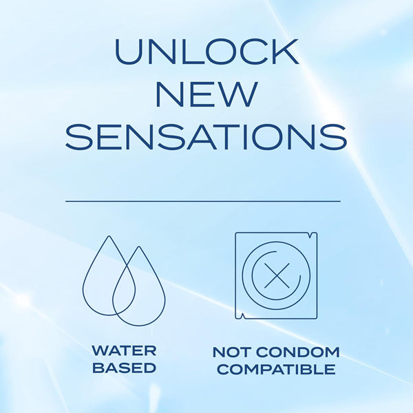 Text reads “Unlock New Sensations.” Icons show two water drops for Water-Based Lubricant and a crossed-out condom for Not Condom Compatible. Light blue background. Try K-Y 3 Pack Tingling Water-Based Lube for a unique, tingling experience.