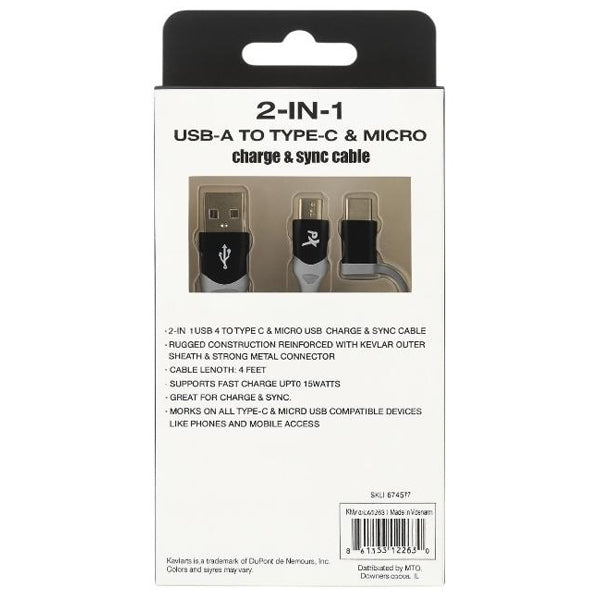 3 Pack - PowerXcel 4FT 2in1 Kevlar USB-A to Micro and Type-C Fast Charging Cable