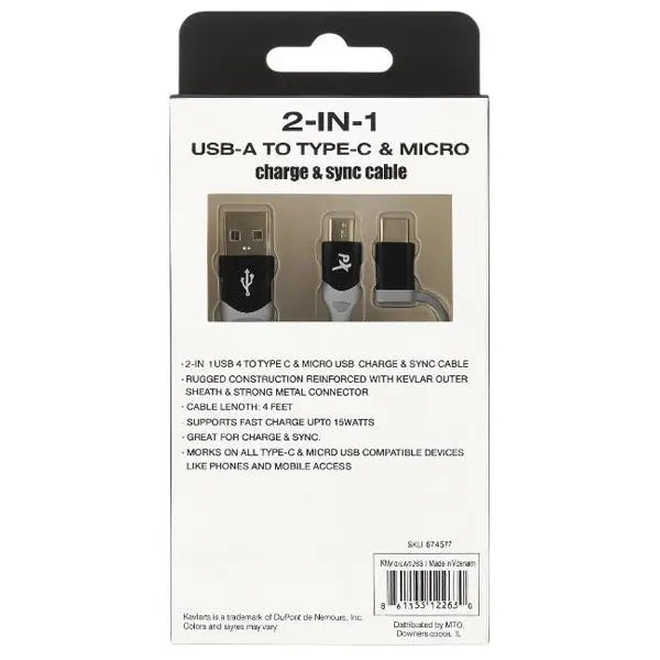 3 Pack - PowerXcel 4FT 2in1 Kevlar USB-A to Micro and Type-C Fast Charging Cable PowerXcel