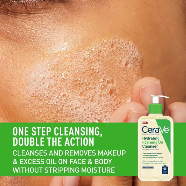 Close-up of face washing with CeraVe Hydrating Foaming Oil Cleanser for Dry Skin; enriched with squalane oil and ceramides to remove makeup and oil without stripping moisture. Shown: 3 Pack, 8oz bottles.