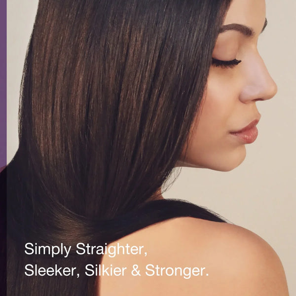 A woman with long, sleek dark hair is shown in profile. Text: Raw Sugar 3 Pack - Simply Straight Keratin Straightening Serum 4oz—Vegan Keratin for straighter, smoother, stronger hair.