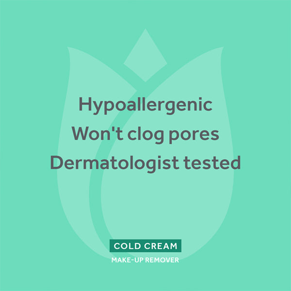 Text on a green background reads: Hypoallergenic, won’t clog pores, dermatologist tested. At the bottom, it says PONDS 3 Pack Cold Cream Cleanser & Make-Up Remover 6.1 oz—ideal for makeup removal and gentle as a facial moisturizer.