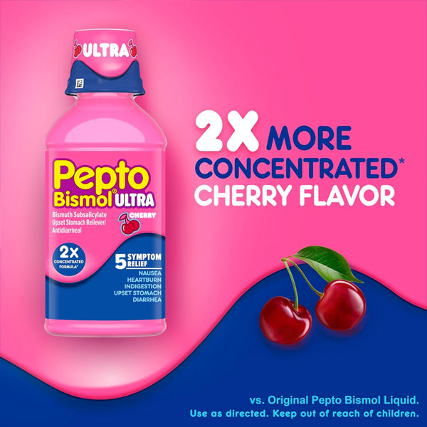 3 Pack - Pepto Bismol Liquid Ultra 5 Symptom Fast Relief Cherry Flavor 12oz