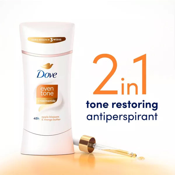 Dove Beauty Even Tone 48-Hour Deodorant 2.6oz (3 Pack) features apple blossom, mango, and niacinamide for 2-in-1 underarm skin restoration and protection.